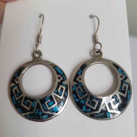 Vintage Sterling Silver Boho Western Mexico Turquoise Inlay Round Drop Earrings - Picture 5 of 12